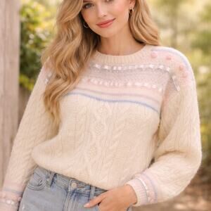 Jennifer Reed SZ S VTG Knitted By Hand Wool Cable Knit Popcorn Satin Sweater NWT